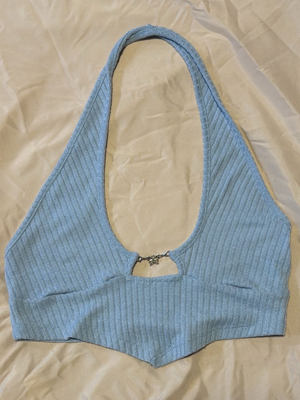 SHEIN Light Blue Ribbed Halter Crop Top with Front Butterfly Clasp